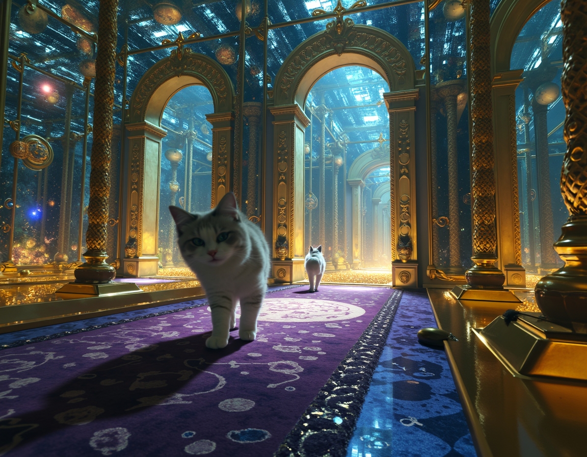 Cat navigates a maze where every surface is a magic-infused mirror, reflecting surreal visions and shifting illusions. Soft, colorful light accentuates each step, turning the labyrinth into a glittering puzzle filled with wonder and mystery.